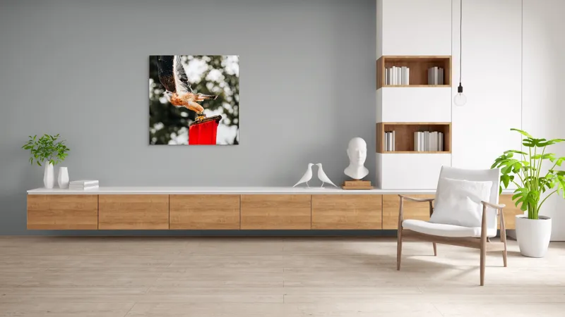 Tablou Canvas, "Zborul șoimului deasupra steagului roșu", Pasăre, Prădătoare, Zbor, Aripi, Cer, Natură, Agile, Vultur, Roșu, Fundal., 100 x 100 cm – poza 8