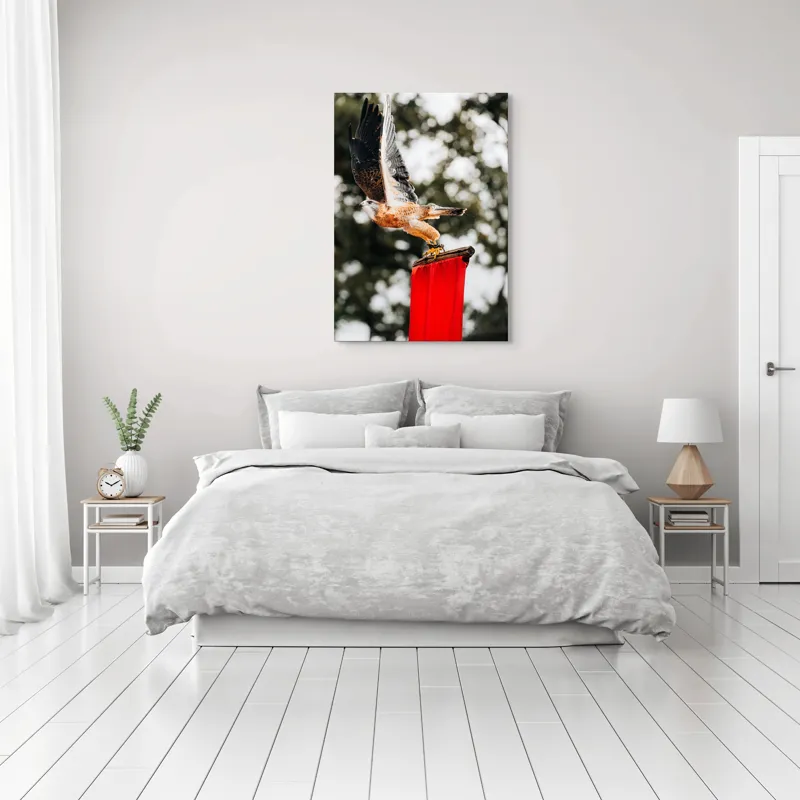 Tablou Canvas, "Zborul șoimului deasupra steagului roșu", Pasăre, Prădătoare, Zbor, Aripi, Cer, Natură, Agile, Vultur, Roșu, Fundal., 70 x 100 cm – poza 3