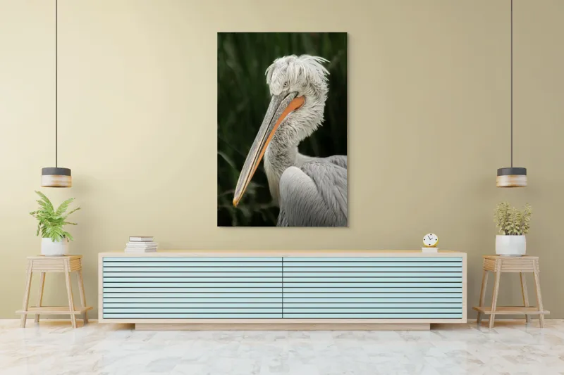 Tablou Canvas, "Nu știu cine este în imagine.", Pene, Lung, Elegant, Gri, Ochi, Cioc, Portocaliu, Verde, Fundal, Textură, 100 x 150 cm – poza 4