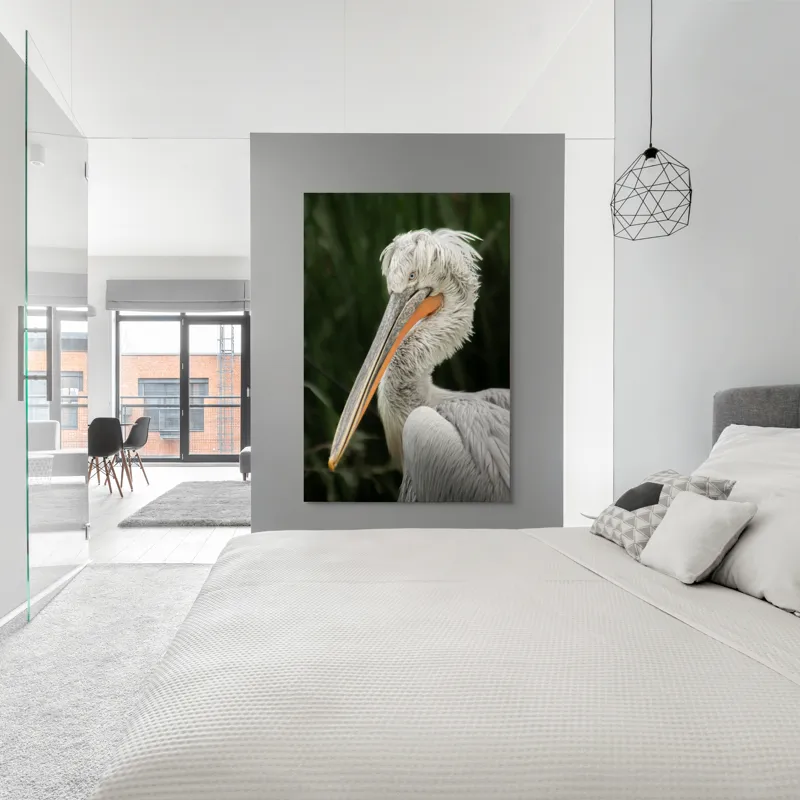 Tablou Canvas, "Nu știu cine este în imagine.", Pene, Lung, Elegant, Gri, Ochi, Cioc, Portocaliu, Verde, Fundal, Textură, 100 x 150 cm – poza 5