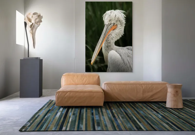 Tablou Canvas, "Nu știu cine este în imagine.", Pene, Lung, Elegant, Gri, Ochi, Cioc, Portocaliu, Verde, Fundal, Textură, 100 x 150 cm – poza 7