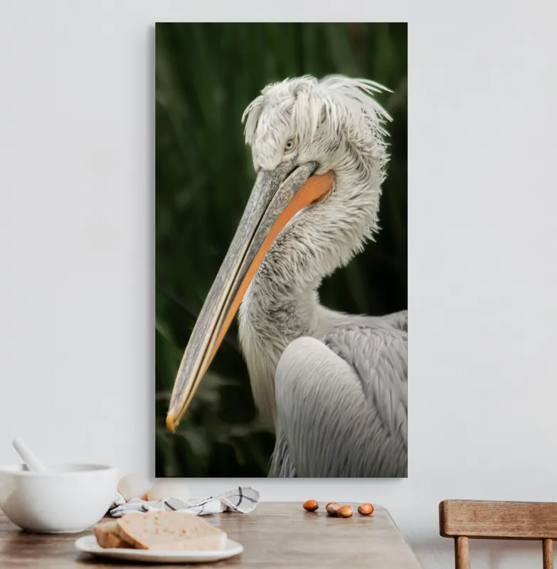 Tablou Canvas, "Nu știu cine este în imagine.", Pene, Lung, Elegant, Gri, Ochi, Cioc, Portocaliu, Verde, Fundal, Textură, 50 x 90 cm – poza 3