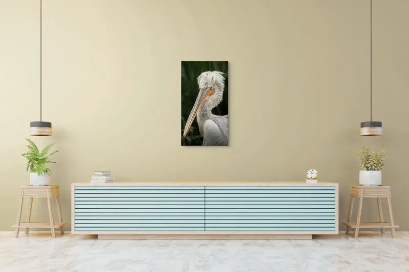 Tablou Canvas, "Nu știu cine este în imagine.", Pene, Lung, Elegant, Gri, Ochi, Cioc, Portocaliu, Verde, Fundal, Textură, 50 x 90 cm – poza 6