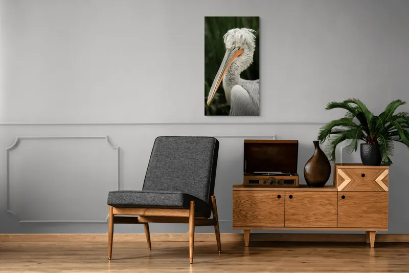 Tablou Canvas, "Nu știu cine este în imagine.", Pene, Lung, Elegant, Gri, Ochi, Cioc, Portocaliu, Verde, Fundal, Textură, 50 x 90 cm – poza 8