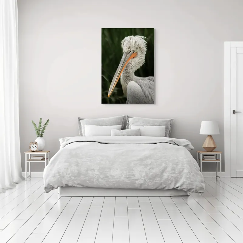 Tablou Canvas, "Nu știu cine este în imagine.", Pene, Lung, Elegant, Gri, Ochi, Cioc, Portocaliu, Verde, Fundal, Textură, 70 x 100 cm – poza 3