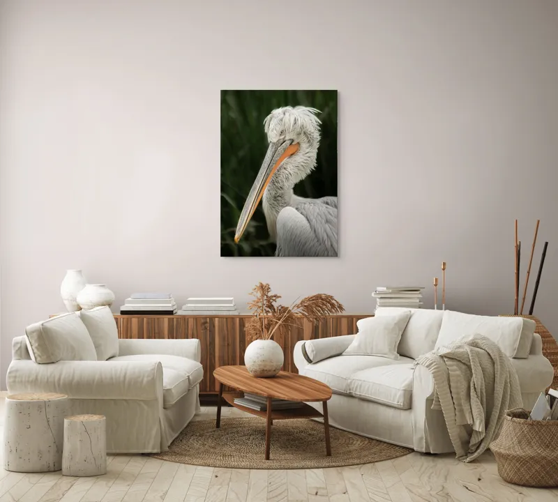 Tablou Canvas, "Nu știu cine este în imagine.", Pene, Lung, Elegant, Gri, Ochi, Cioc, Portocaliu, Verde, Fundal, Textură, 70 x 100 cm – poza 4
