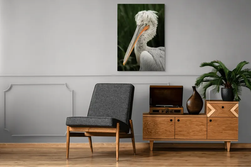 Tablou Canvas, "Nu știu cine este în imagine.", Pene, Lung, Elegant, Gri, Ochi, Cioc, Portocaliu, Verde, Fundal, Textură, 70 x 100 cm – poza 6