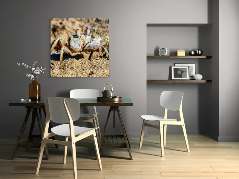 Tablou Canvas, "Crabul invizibil în nisipul auriu", Nisip, Crab, Ochii, Gheruțe, Textură, Natură, Mișcare, Culoare, Detaliu, Plajă, 100 x 100 cm – poza 6