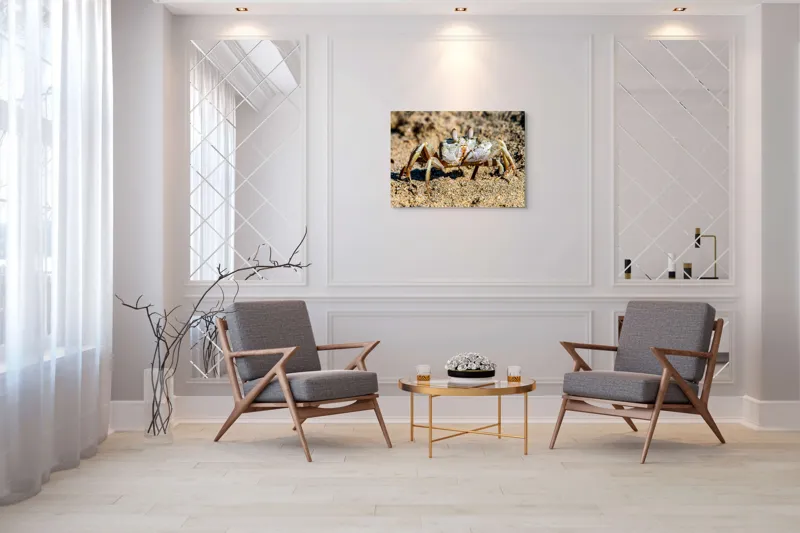 Tablou Canvas, "Crabul invizibil în nisipul auriu", Nisip, Crab, Ochii, Gheruțe, Textură, Natură, Mișcare, Culoare, Detaliu, Plajă, 100 x 70 cm – poza 5