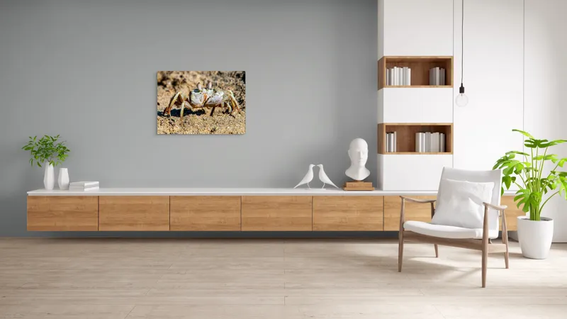 Tablou Canvas, "Crabul invizibil în nisipul auriu", Nisip, Crab, Ochii, Gheruțe, Textură, Natură, Mișcare, Culoare, Detaliu, Plajă, 100 x 70 cm – poza 6