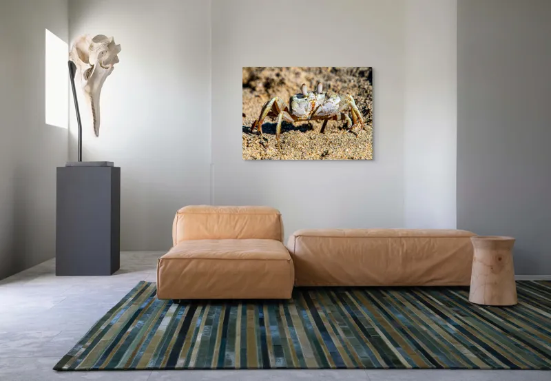 Tablou Canvas, "Crabul invizibil în nisipul auriu", Nisip, Crab, Ochii, Gheruțe, Textură, Natură, Mișcare, Culoare, Detaliu, Plajă, 100 x 70 cm – poza 7