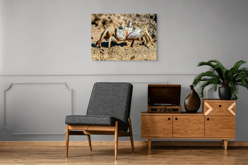 Tablou Canvas, "Crabul invizibil în nisipul auriu", Nisip, Crab, Ochii, Gheruțe, Textură, Natură, Mișcare, Culoare, Detaliu, Plajă, 100 x 70 cm – poza 8