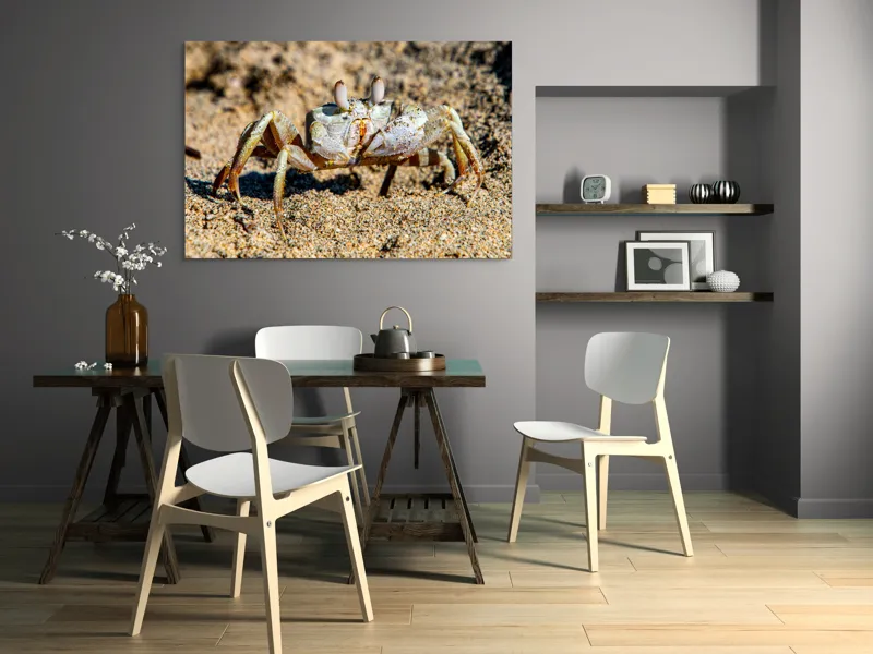 Tablou Canvas, "Crabul invizibil în nisipul auriu", Nisip, Crab, Ochii, Gheruțe, Textură, Natură, Mișcare, Culoare, Detaliu, Plajă, 150 x 100 cm – poza 5