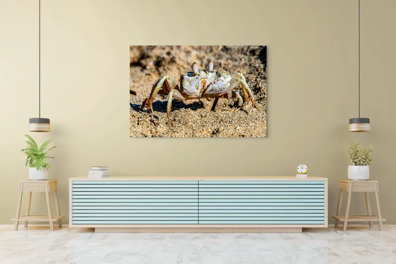 Tablou Canvas, "Crabul invizibil în nisipul auriu", Nisip, Crab, Ochii, Gheruțe, Textură, Natură, Mișcare, Culoare, Detaliu, Plajă, 150 x 100 cm – poza 6