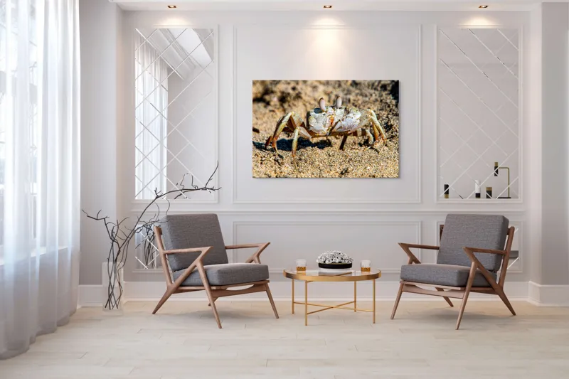 Tablou Canvas, "Crabul invizibil în nisipul auriu", Nisip, Crab, Ochii, Gheruțe, Textură, Natură, Mișcare, Culoare, Detaliu, Plajă, 150 x 100 cm – poza 7