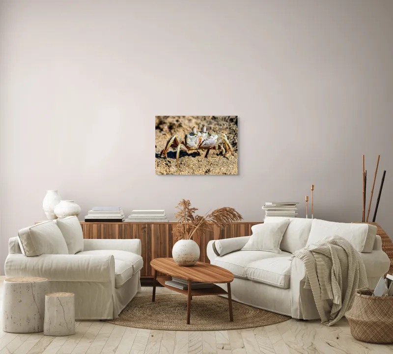 Tablou Canvas, "Crabul invizibil în nisipul auriu", Nisip, Crab, Ochii, Gheruțe, Textură, Natură, Mișcare, Culoare, Detaliu, Plajă, 70 x 50 cm – poza 6