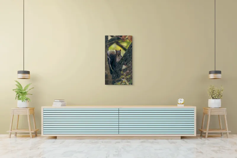 Tablou Canvas, "Jucăușul pădurii printre ramuri verzi", Veveriță, Copac, Blană, Natură, Crengi, Frunze, Privire, Vârful Cozii, Fundal Neclar, Verde., 50 x 90 cm – poza 6