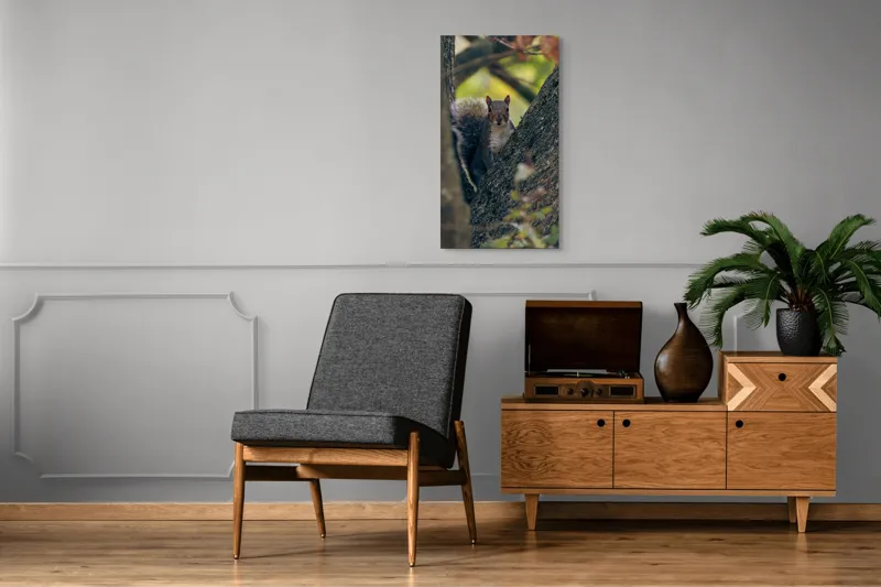 Tablou Canvas, "Jucăușul pădurii printre ramuri verzi", Veveriță, Copac, Blană, Natură, Crengi, Frunze, Privire, Vârful Cozii, Fundal Neclar, Verde., 50 x 90 cm – poza 8