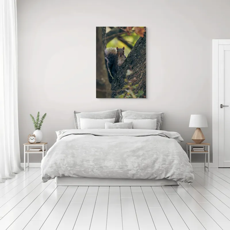 Tablou Canvas, "Jucăușul pădurii printre ramuri verzi", Veveriță, Copac, Blană, Natură, Crengi, Frunze, Privire, Vârful Cozii, Fundal Neclar, Verde., 70 x 100 cm – poza 3