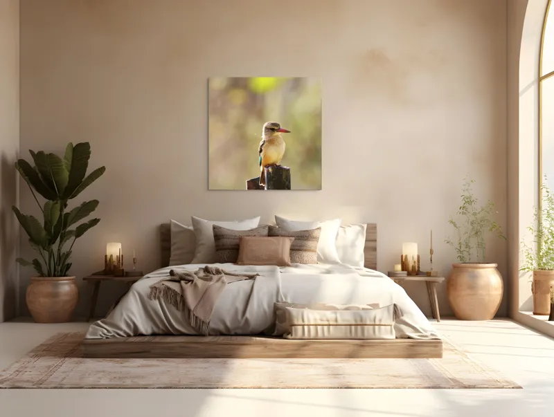 Tablou Canvas, "Pasărea în așteptarea zborului liniștit", Pasăre, Ramură, Cioc, Penaj, Lumină, Natură, Bokeh, Observare, Tranquilitate, 100 x 100 cm – poza 4