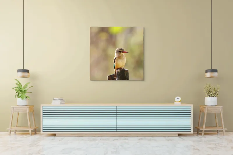 Tablou Canvas, "Pasărea în așteptarea zborului liniștit", Pasăre, Ramură, Cioc, Penaj, Lumină, Natură, Bokeh, Observare, Tranquilitate, 100 x 100 cm – poza 5