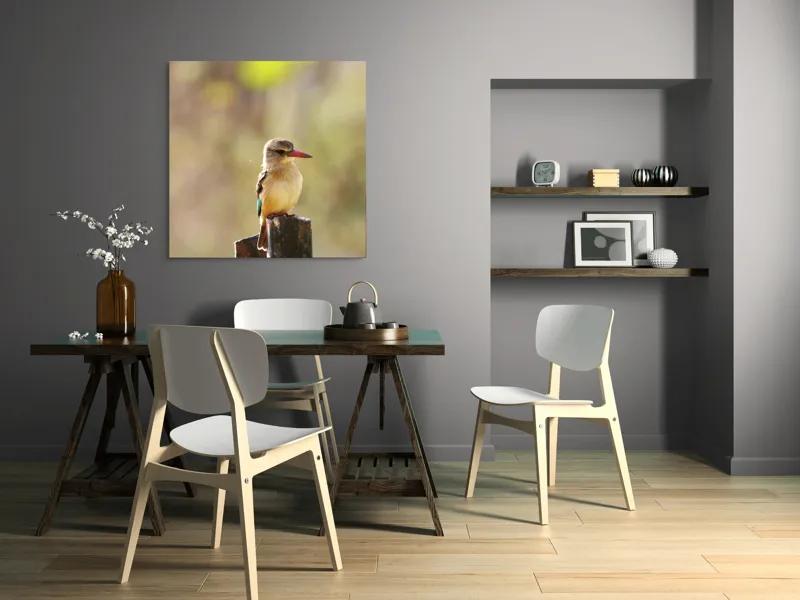 Tablou Canvas, "Pasărea în așteptarea zborului liniștit", Pasăre, Ramură, Cioc, Penaj, Lumină, Natură, Bokeh, Observare, Tranquilitate, 100 x 100 cm – poza 6