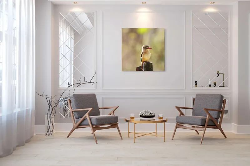 Tablou Canvas, "Pasărea în așteptarea zborului liniștit", Pasăre, Ramură, Cioc, Penaj, Lumină, Natură, Bokeh, Observare, Tranquilitate, 100 x 100 cm – poza 7