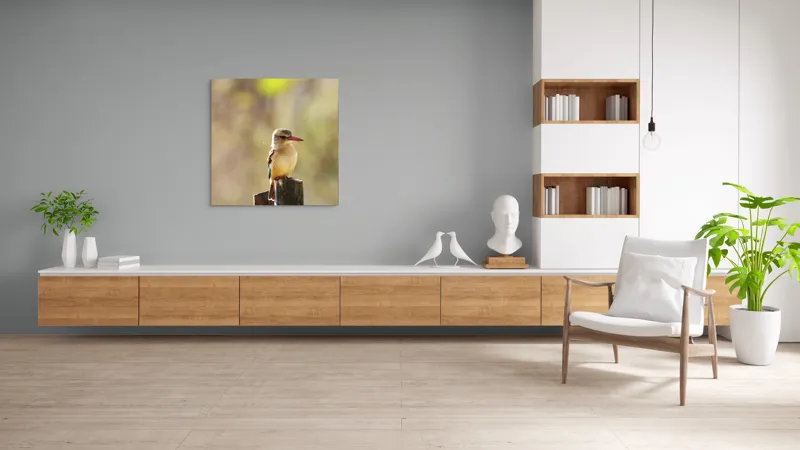 Tablou Canvas, "Pasărea în așteptarea zborului liniștit", Pasăre, Ramură, Cioc, Penaj, Lumină, Natură, Bokeh, Observare, Tranquilitate, 100 x 100 cm – poza 8