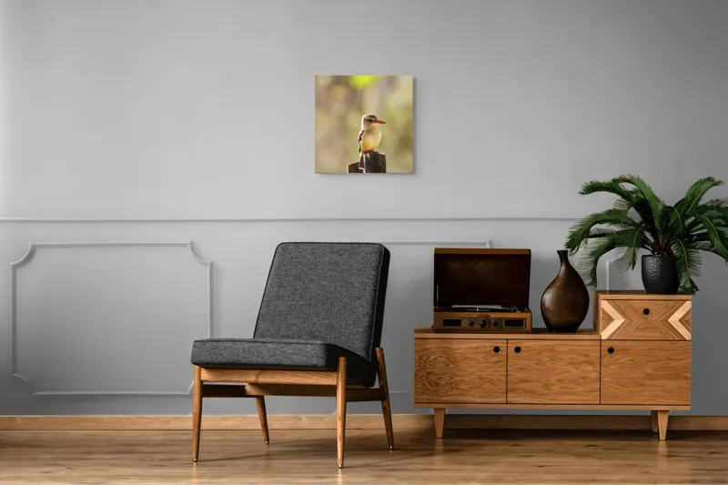 Tablou Canvas, "Pasărea în așteptarea zborului liniștit", Pasăre, Ramură, Cioc, Penaj, Lumină, Natură, Bokeh, Observare, Tranquilitate, 50 x 50 cm – poza 6