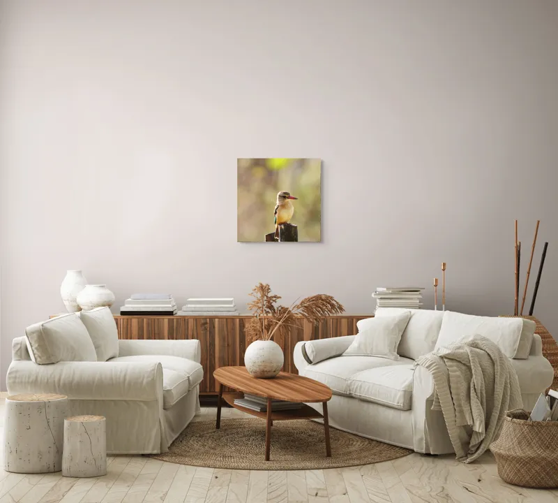 Tablou Canvas, "Pasărea în așteptarea zborului liniștit", Pasăre, Ramură, Cioc, Penaj, Lumină, Natură, Bokeh, Observare, Tranquilitate, 50 x 50 cm – poza 7