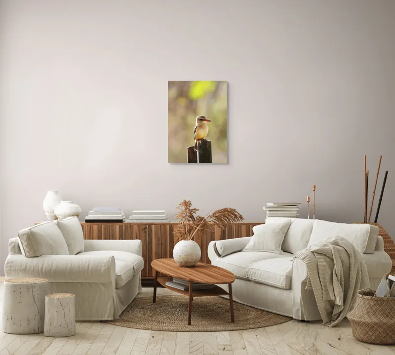 Tablou Canvas, "Pasărea în așteptarea zborului liniștit", Pasăre, Ramură, Cioc, Penaj, Lumină, Natură, Bokeh, Observare, Tranquilitate, 50 x 70 cm – poza 4