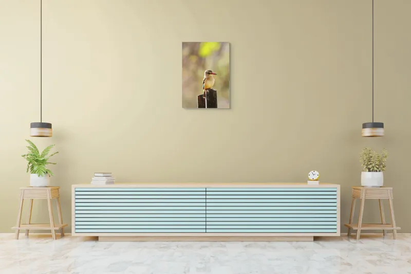Tablou Canvas, "Pasărea în așteptarea zborului liniștit", Pasăre, Ramură, Cioc, Penaj, Lumină, Natură, Bokeh, Observare, Tranquilitate, 50 x 70 cm – poza 6