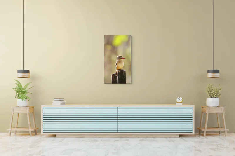 Tablou Canvas, "Pasărea în așteptarea zborului liniștit", Pasăre, Ramură, Cioc, Penaj, Lumină, Natură, Bokeh, Observare, Tranquilitate, 50 x 90 cm – poza 6