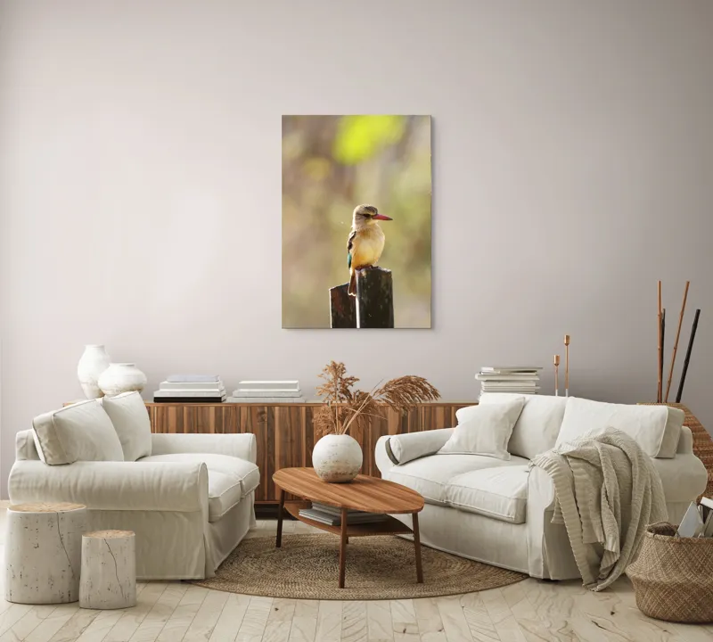 Tablou Canvas, "Pasărea în așteptarea zborului liniștit", Pasăre, Ramură, Cioc, Penaj, Lumină, Natură, Bokeh, Observare, Tranquilitate, 70 x 100 cm – poza 4