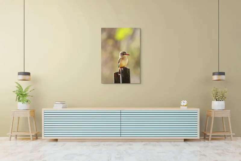 Tablou Canvas, "Pasărea în așteptarea zborului liniștit", Pasăre, Ramură, Cioc, Penaj, Lumină, Natură, Bokeh, Observare, Tranquilitate, 70 x 100 cm – poza 5