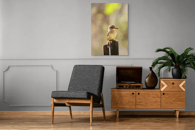 Tablou Canvas, "Pasărea în așteptarea zborului liniștit", Pasăre, Ramură, Cioc, Penaj, Lumină, Natură, Bokeh, Observare, Tranquilitate, 70 x 100 cm – poza 6
