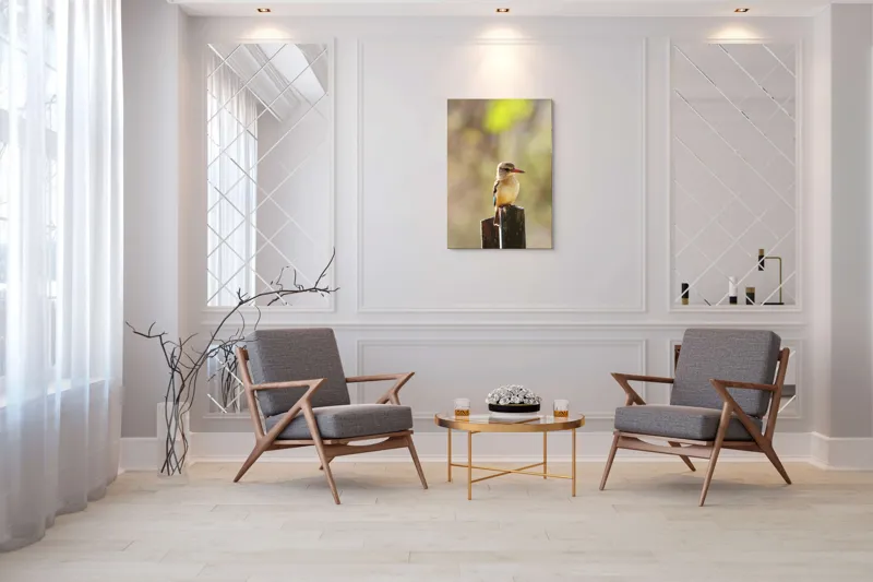 Tablou Canvas, "Pasărea în așteptarea zborului liniștit", Pasăre, Ramură, Cioc, Penaj, Lumină, Natură, Bokeh, Observare, Tranquilitate, 70 x 100 cm – poza 8