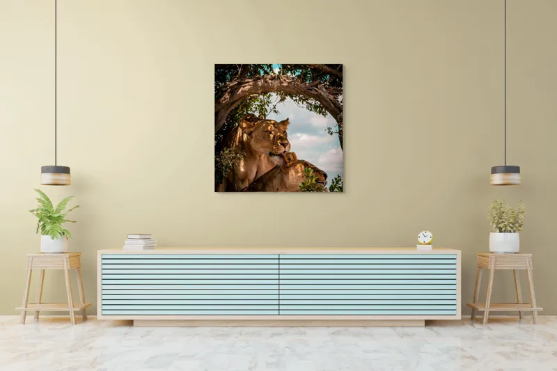 Tablou Canvas, "Regina savanei și prada ei", Leoaice, Copaci, Frunze, Cer, Umbre, Blană, Îmbrățișare, 100 x 100 cm – poza 5