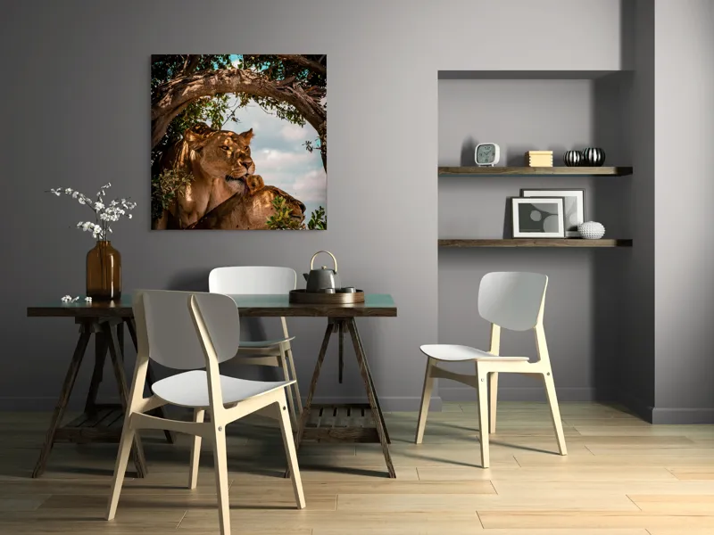 Tablou Canvas, "Regina savanei și prada ei", Leoaice, Copaci, Frunze, Cer, Umbre, Blană, Îmbrățișare, 100 x 100 cm – poza 6