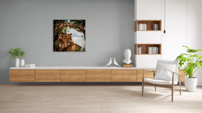 Tablou Canvas, "Regina savanei și prada ei", Leoaice, Copaci, Frunze, Cer, Umbre, Blană, Îmbrățișare, 100 x 100 cm – poza 8
