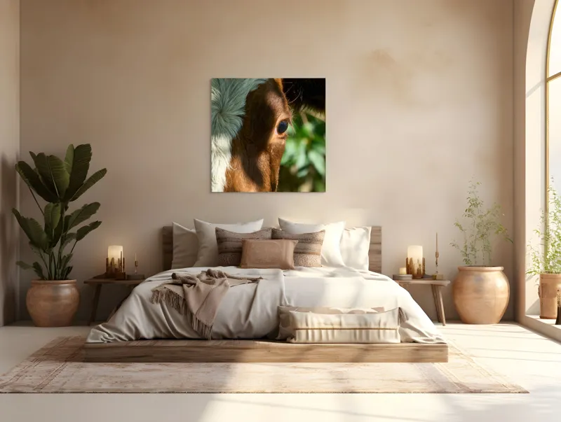 Tablou Canvas, "Privirea curioasă a vacii în soare", Vacă, Ochii, Lumină, Umbre, Blană, Natură, Detaliu, Verde., 100 x 100 cm – poza 4