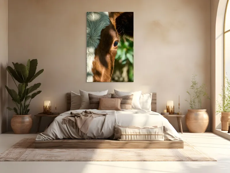 Tablou Canvas, "Privirea curioasă a vacii în soare", Vacă, Ochii, Lumină, Umbre, Blană, Natură, Detaliu, Verde., 100 x 150 cm – poza 3