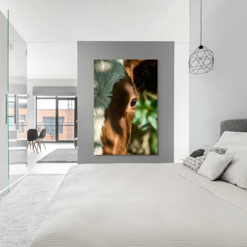 Tablou Canvas, "Privirea curioasă a vacii în soare", Vacă, Ochii, Lumină, Umbre, Blană, Natură, Detaliu, Verde., 100 x 150 cm – poza 5