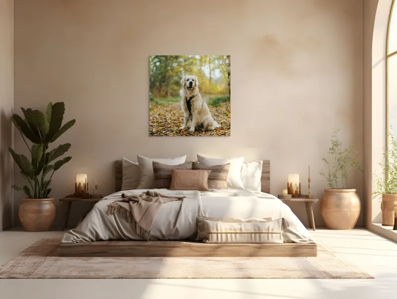 Tablou Canvas, "Câinele pădurar în toamna aurie", Câine, Blond, Pădure, Toamnă, Frunze, Natură, Frumos, Relaxare, Copaci, Lumină., 100 x 100 cm – poza 4