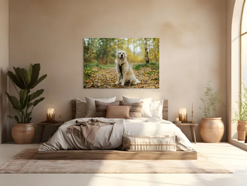 Tablou Canvas, "Câinele pădurar în toamna aurie", Câine, Blond, Pădure, Toamnă, Frunze, Natură, Frumos, Relaxare, Copaci, Lumină., 150 x 100 cm – poza 4