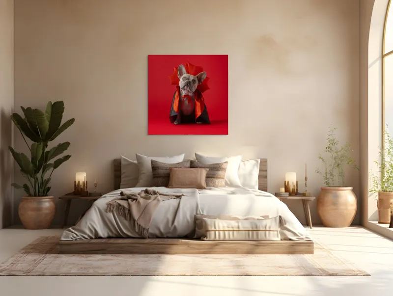 Tablou Canvas, "Bulldog gotic în mantie roșie", Scenă, Câine, Costum, Halloween, Fundal, Roșu, Pelerină, Aripi, Dracula, Drăgălaș., 100 x 100 cm – poza 4