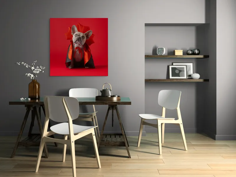 Tablou Canvas, "Bulldog gotic în mantie roșie", Scenă, Câine, Costum, Halloween, Fundal, Roșu, Pelerină, Aripi, Dracula, Drăgălaș., 100 x 100 cm – poza 6