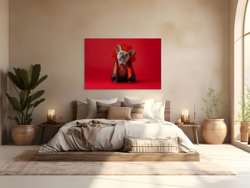 Tablou Canvas, "Bulldog gotic în mantie roșie", Scenă, Câine, Costum, Halloween, Fundal, Roșu, Pelerină, Aripi, Dracula, Drăgălaș., 150 x 100 cm – poza 4