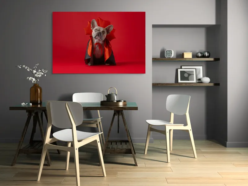 Tablou Canvas, "Bulldog gotic în mantie roșie", Scenă, Câine, Costum, Halloween, Fundal, Roșu, Pelerină, Aripi, Dracula, Drăgălaș., 150 x 100 cm – poza 5