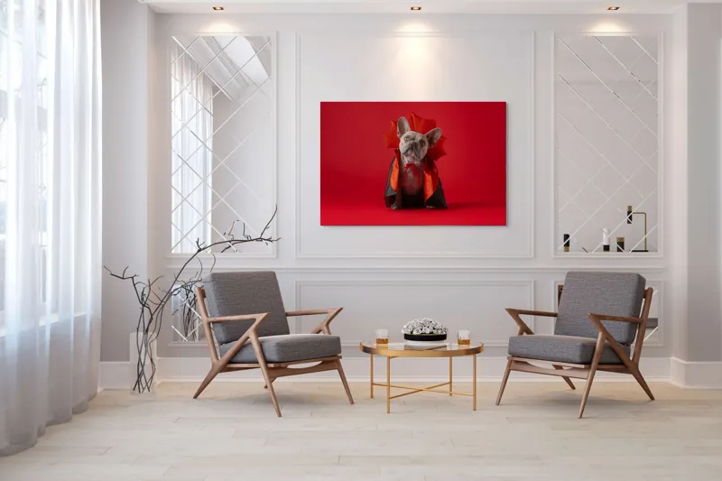 Tablou Canvas, "Bulldog gotic în mantie roșie", Scenă, Câine, Costum, Halloween, Fundal, Roșu, Pelerină, Aripi, Dracula, Drăgălaș., 150 x 100 cm – poza 7